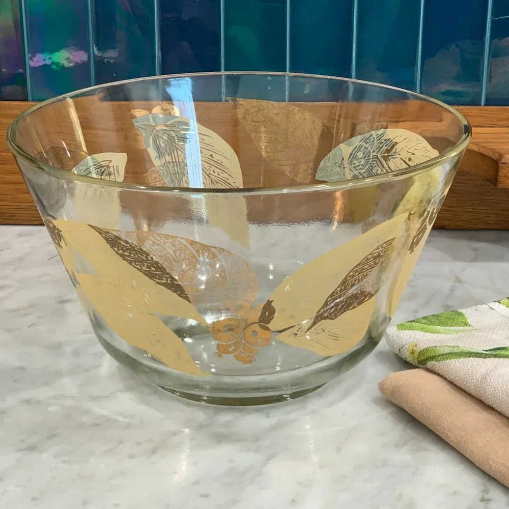 Vintage MCM Salad Bowl -Gold Leaf and Berries -Large